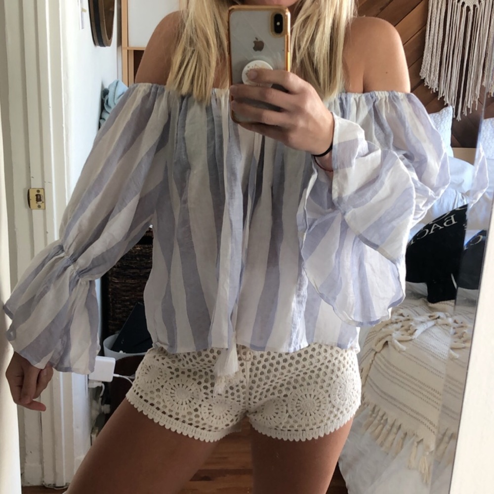 blue and white striped off the shoulder blouse